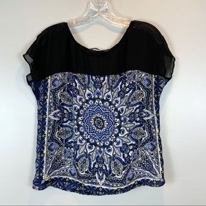 Zara Basic top sheer shoulders black blue print M